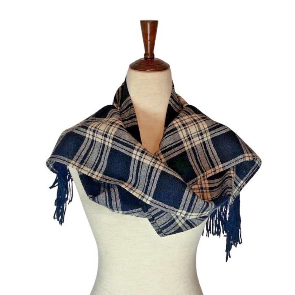 Unisex Wool Blend Black Tartan Plaid Rectangle Fringe Scarf Dark Academia Sash